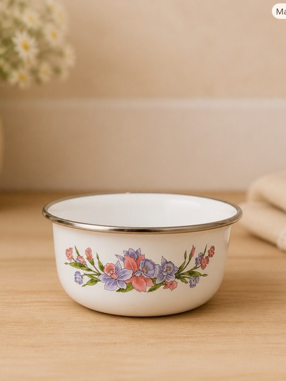 Vintage Floral Enamel Bowl – Cottagecore Kitchen Décor